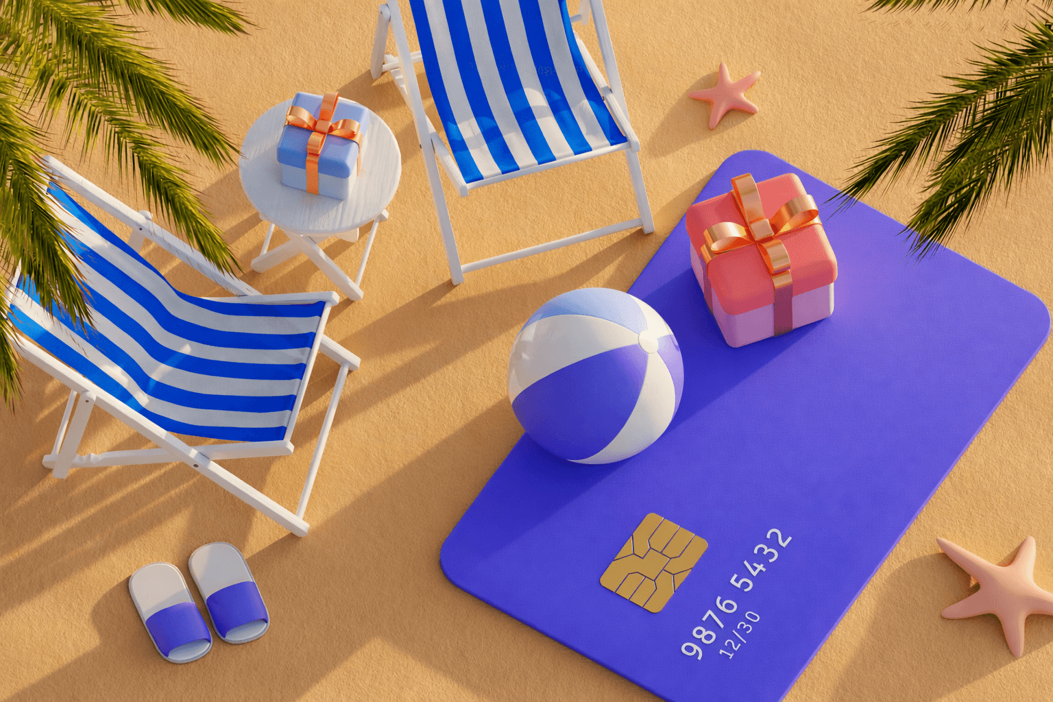 Tarjeta bancaria con regalos en un paisaje de playa